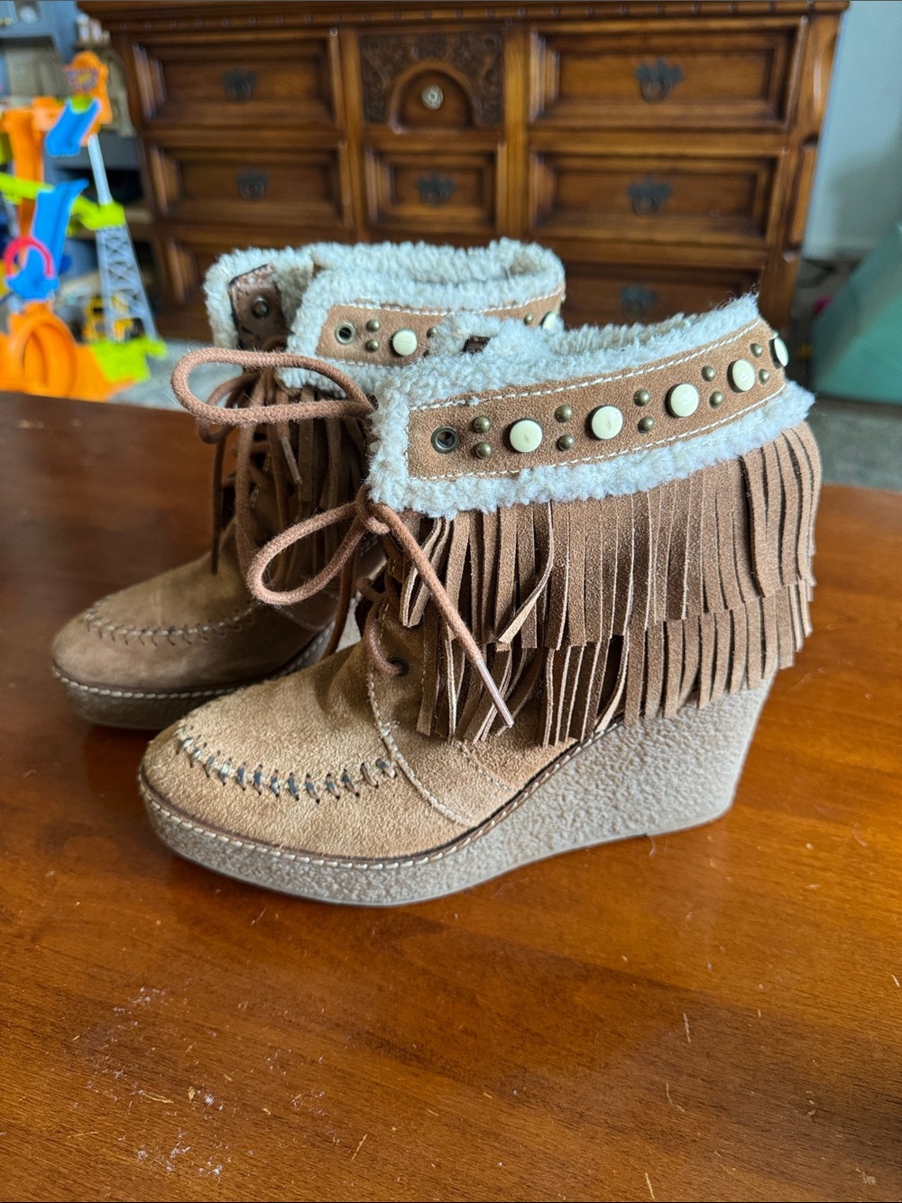 Sam Edelman Fringe Wedge Ankle Boots - Tan